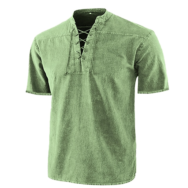  Men's Shirt Linen Shirt Solid Colored Stand Collar Green Blue Wine Army Green Navy Blue Outdoor Street Short Sleeve Lace up Clothing Apparel Fashion Casual Breathable Comfortable / Summer / Spring