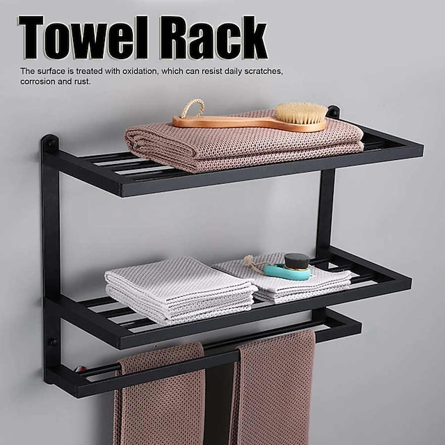  aluminium håndklædeholder til badeværelse, 3-lags vægmonteret håndklædestang håndklædeholder badeværelse hardware opbevaring 60 cm (sort/sølv/pistol grå)
