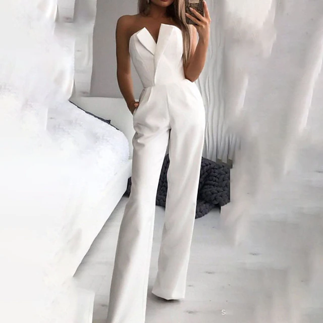 Women's Jumpsuit Clean Fit Wedding High Waist Solid Color Strapless Streetwear Street Going out Regular Fit Sleeveless Red White Summer Fall 7