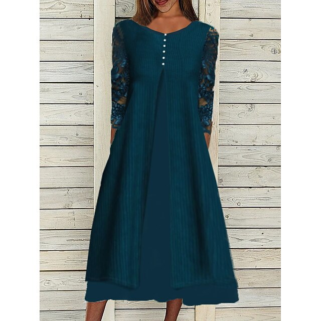 Women‘s Gauze Dress Midi Dress Navy Blue 3/4 Length Sleeve Pure Color
