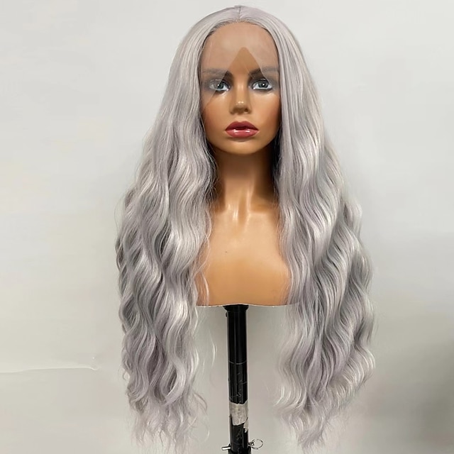 Synthetic Lace Front Wigs For Women Long Wavy Grey Color High Temperature Fiber Hair Wigs 2023