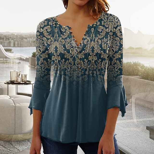 Women's T shirt Long Sleeve Henley T Shirt Blouse Floral Vintage Basic 3/4 Length Sleeve Round Neck Regular Tops Casual Weekend Buttons Print Blue Purple Green Prefall4