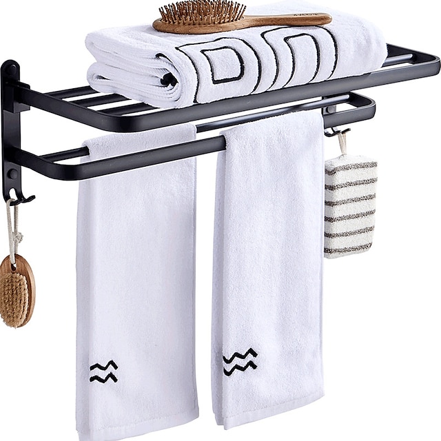  Toallero para baño, estante de baño de aluminio negro mate, toallero plegable autoadhesivo con gancho, accesorios de baño
