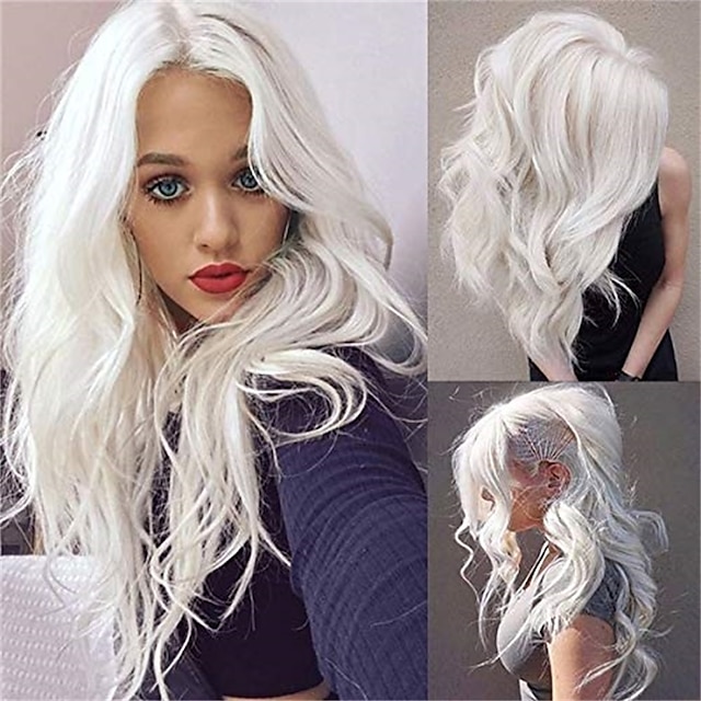  peruci alb crem pentru femei perucă lungă și ondulată din păr sintetic, despărțire în mijloc naturală, perucă cosplay rezistentă la căldură