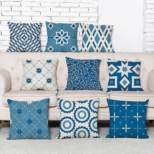  Blue Set of 9 Pillow Cover, Geometric Pattern Geometic Leisure Modern Faux Linen Throw Pillow Outdoor Cushion for Sofa Couch Bed Chair Blue