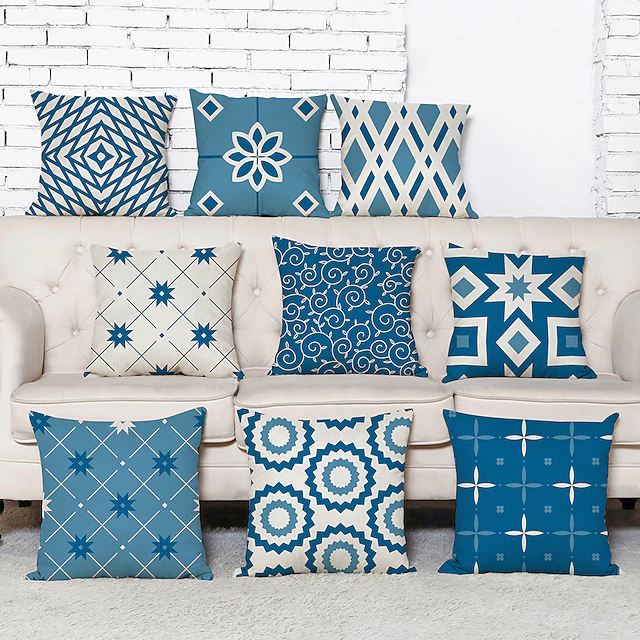 Blue Set of 9 Pillow Cover, Geometric Pattern Geometic Leisure Modern Faux Linen Throw Pillow Outdoor Cushion for Sofa Couch Bed Chair Blue 17