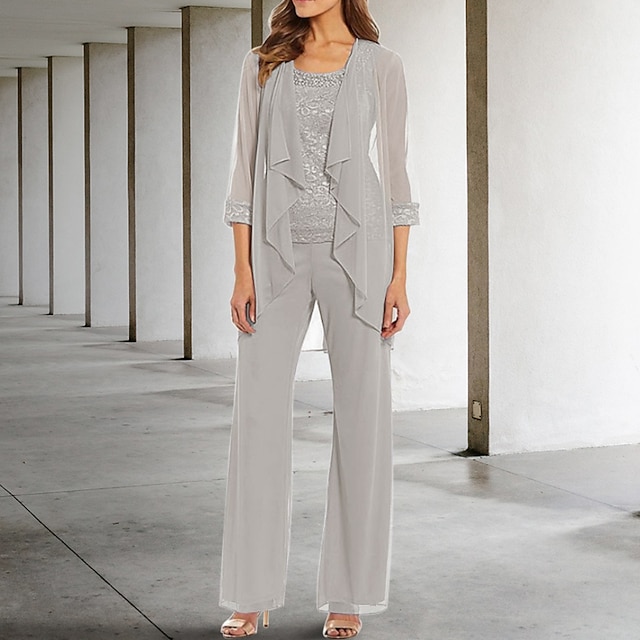  Tuta  Completo a due pezzi madre della sposa Ospite formale Chiesa Elegante Taglie comode Collo a scoop Lunghezza a terra Chiffon Pizzo Senza maniche con perline Ruffles per impressionare 2025 misura