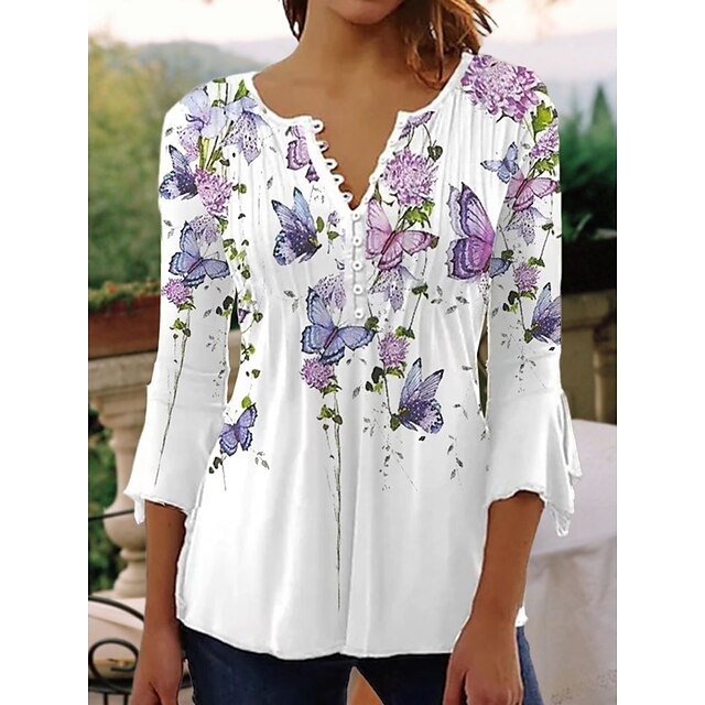 Women's Shirt Henley Shirt Blouse Floral Butterfly Pumpkin Black White ...