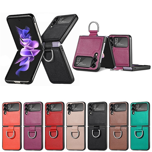  Phone Case For Samsung Galaxy Flip Z Flip 4 Z Flip 3 Ring Holder Flip Full Body Protective Solid Colored PC PU Leather