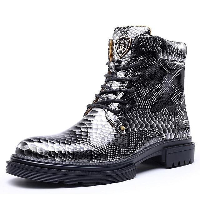 Men's Blue PythonPrint Patent Leather Ankle Boots with LaceUp Design Bold HighShine Boots
