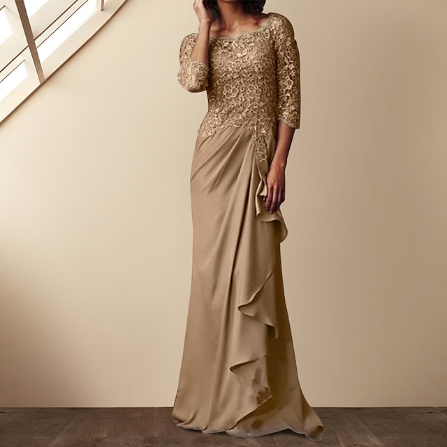  Sheath Moeder van de Bruid Jurk Elegante Bateau Hals Vloerlengte Chiffon Kant 3/4 Lengte Mouw met Kant vrije aangepaste maat