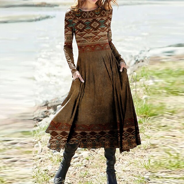 Women's Midi Dress Casual Dress Winter Dress Ethnic Dress Swing Dress Vacation Casual Modest Formal Outdoor Winter Dress Regular Fit Geometric Long Sleeve Crew Neck Yellow Fall Winter Autumn4