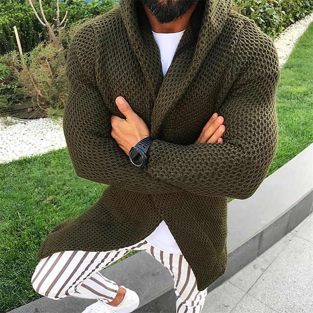 Men's Sweater Cardigan Sweater Ribbed Knit Cropped Knitted Hooded Going out Weekend Clothing Apparel Fall Winter White Army Green S M L 5