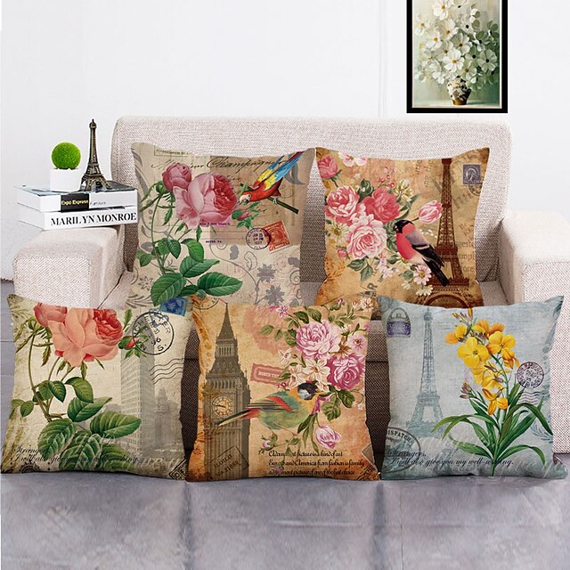  Set of 5 Decorative Pillow Covers for Couch, Sofa, or Bed Modern Quality Design Leaves Floral Country Cotton / Faux Linen Throw Pillow Cover for Sofa Couch Bed Chair