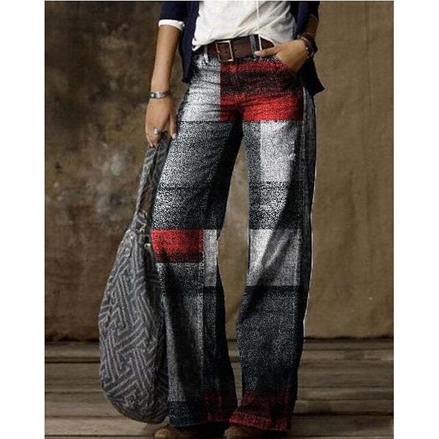  Women's Wide Leg Pants Trousers Faux Denim Gray+Red Light Blue White Casual Daily High Waist Baggy Weekend Streetwear Full Length Micro-elastic Graphic Comfort S M L XL 2XL