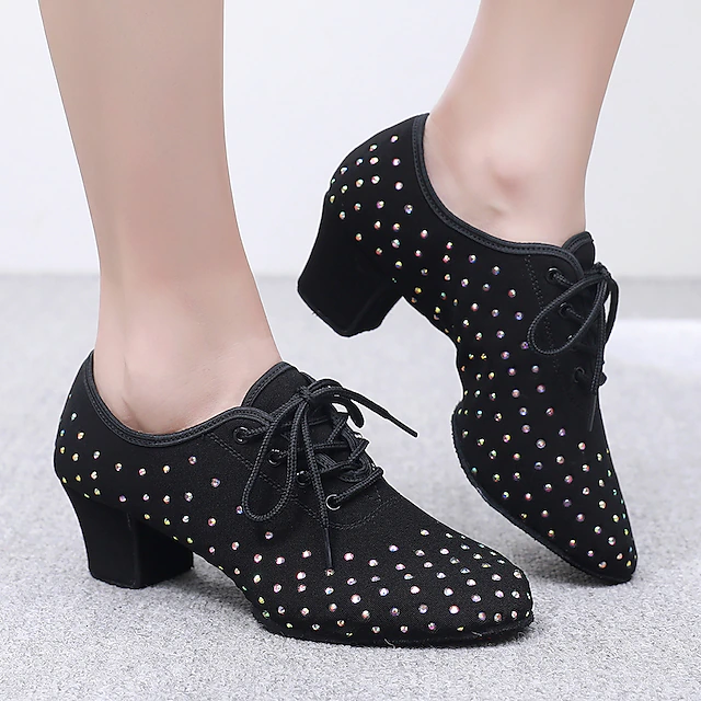 Women's Rhinestone-Embellished Ballroom Dance Shoes - Black Lace-Up Heeled Dance Shoes for Latin and Salsa 11