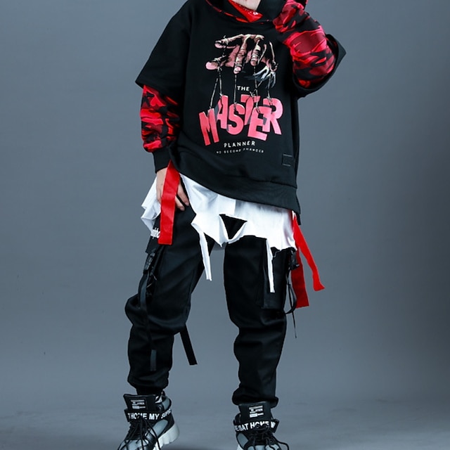  キッズユニセックスパーカー & パンツ服セット2点セット長袖黒文字綿ストリートバカンスファッションストリートスタイル3-13歳