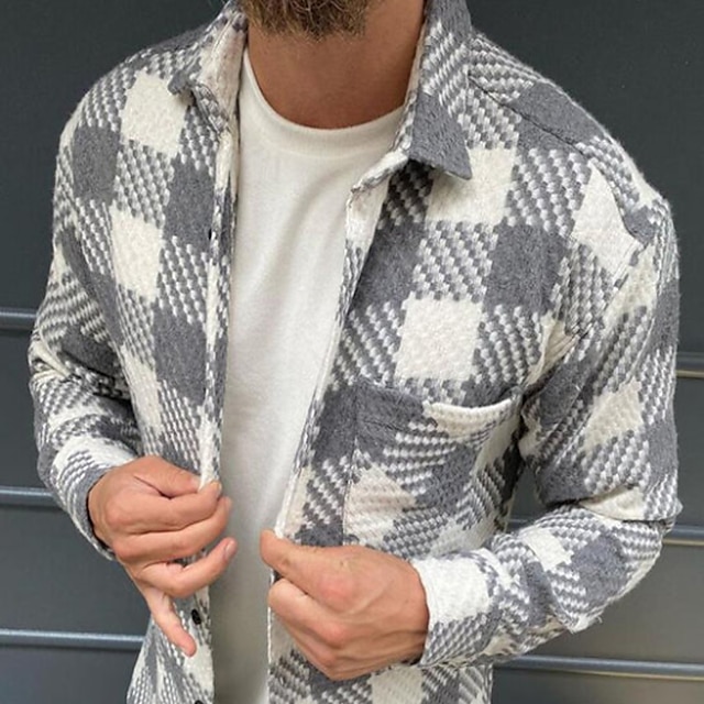  Men's Shirt Overshirt Shirt Jacket Plaid Check Turndown Gray Long Sleeve Street Daily Button-Down Tops Basic Fashion Casual Comfortable