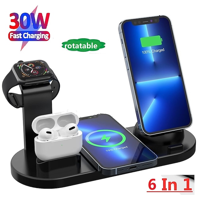  Wireless Charger Stand 6 in 1 QI Wireless Charging Station Dock for Iwatch iPhone Airpods Compatible with iPhone iPhone 14 13 12 11 Pro Max Mini X XS XR 8 7/Samsung S22/S21