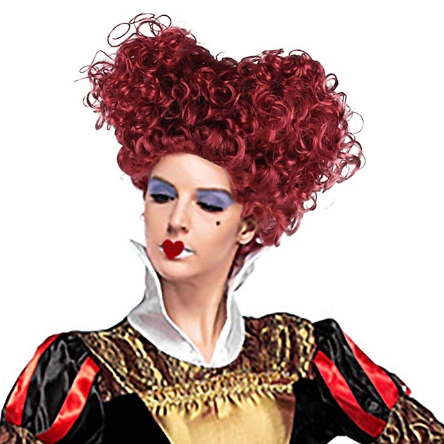  Adult New Royal Queen Wig Wine Red Short Curly Hair with Hearts Lolita Styled  Accessories Halloween Wigs