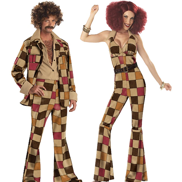 Couples Cosplay Halloween Group Couples Costumes Abba Costume Men's Women's Movie Cosplay Retro Vintage Hippie 1970s Brown Coat Leotard / Onesie Pants Carnival Masquerade 11