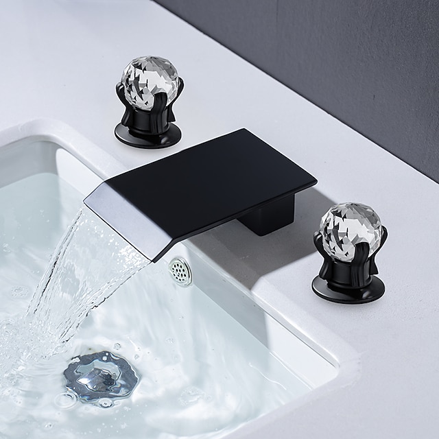  Torneira de pia de banheiro com duas alças de botão de cristal cachoeira preto fosco/cromado montado em deck de 3 furos torneiras de banheiro para banheira ou pia