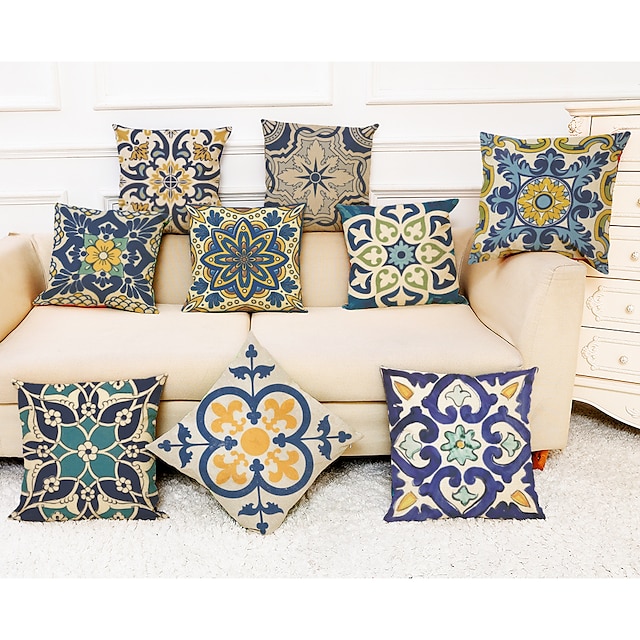  9 pcs Pillow Cover Geometric Pattern Printing Simple Casual Square Traditional Classic Faux Linen Cushion for Sofa Couch Bed Chair