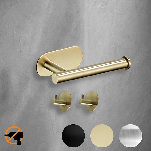  toiletpapirholder& 2 væg kroge sæt selvklæbende vægmontering rustfrit stål badeværelsestilbehør (sort/gylden/sølv)