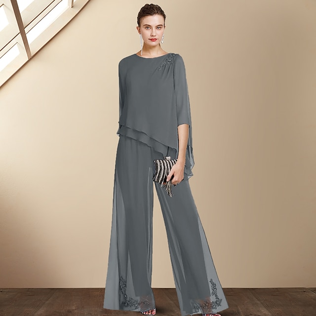  Dvoudílný overal  kalhotový oblek matky nevěsty svatební host elegantní velké velikosti náhrdelník délka po podlahu šifon 3/4 délky rukáv s aplikacemi bez vlastního rozměru
