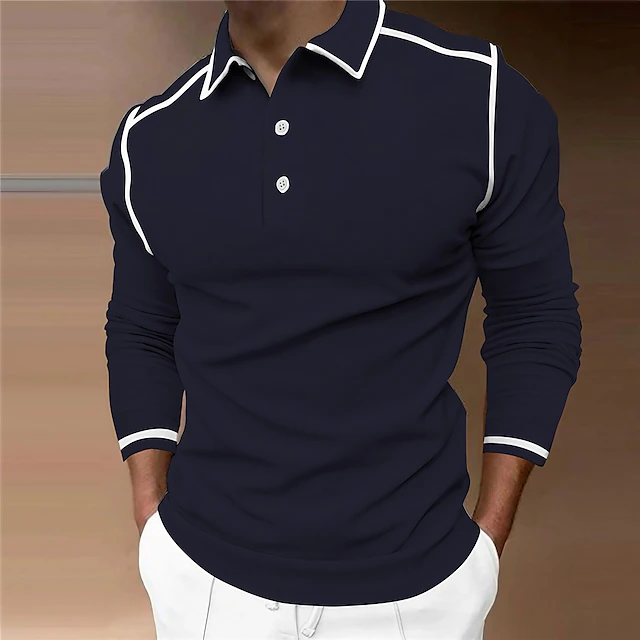 Men's Polo Shirt Golf Shirt Street Casual Polo Collar Classic Long Sleeve Fashion Designer Solid Colored Patchwork 3D Print Spring & Fall Regular Fit Wine Navy Blue Polo Shirt 5
