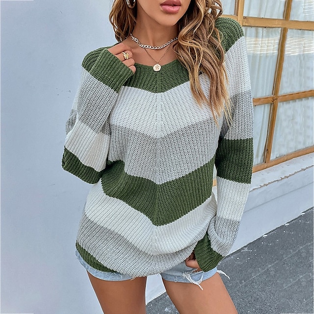  Women's Pullover Sweater Jumper Ribbed Knit Patchwork Knitted Crew Neck Color Block Outdoor Daily Stylish Casual Fall Winter Yellow Army Green S M L / Long Sleeve / Regular Fit / Going out