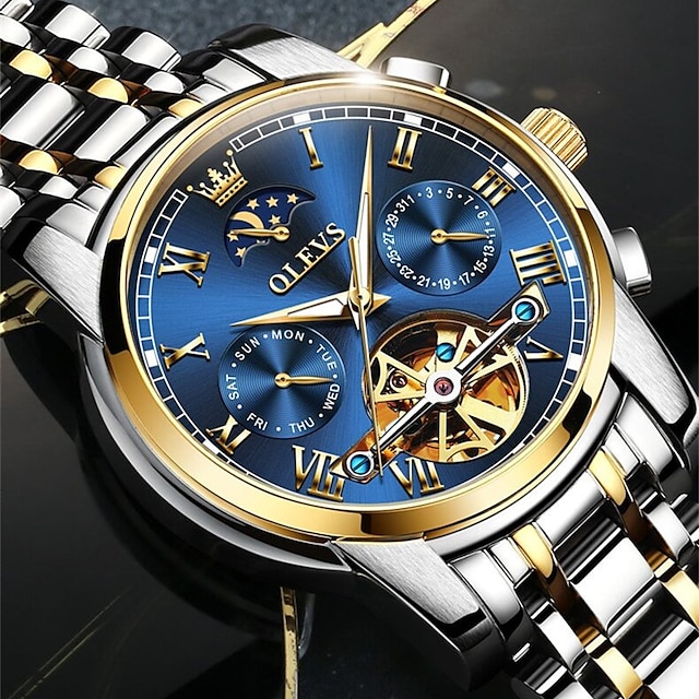  olevs pánské mechanické hodinky kalendář luxusní voděodolné módní automatické samonatahovací fáze měsíce svítící nerezové řemínkové hodinky