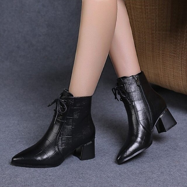 Women's Pointed Toe Faux Leather Ankle Boots with Block Heels and Side Zipper – Elegant Lace-Up Booties for Office, Fall Outfits, and Evening Wear 5