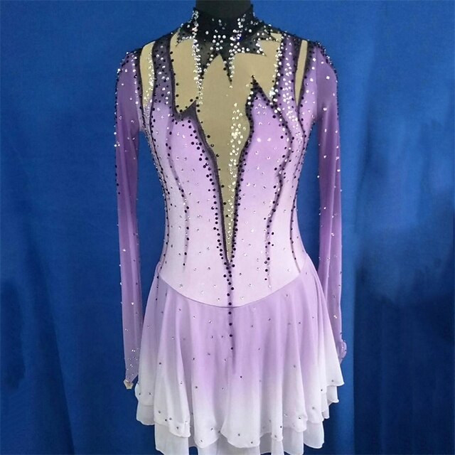 Figure Skating Dress Women's Girls' Ice Skating Dress Purple Thumbhole Spandex High Elasticity Training Competition Skating Wear Crystal / Rhinestone Long Sleeve Ice Skating Figure Skating / Winter3