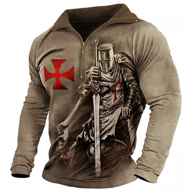 Men's Unisex Knights Templar Graphic Prints Zip Up Sweatshirt Pullover Quarter Zip Sweatshirt Long Sleeve Sweatshirt Half Zip Designer Casual Big and Tall 3D Print Daily Sports Zipper Print Spring2