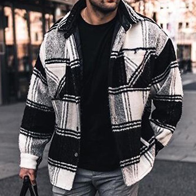  camisa de hombre sobrecamisa camisa chaqueta cuadros a cuadros cobertura negro / blanco manga larga calle diaria tops con botones moda básica casual cómodo