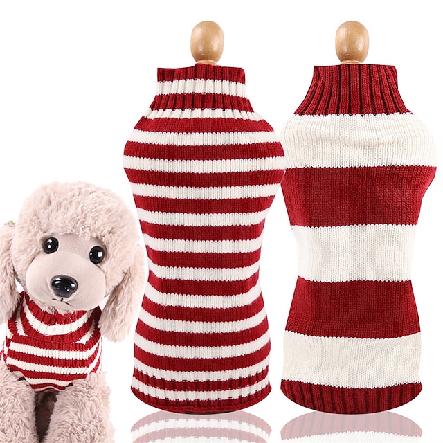  Pet Dog Cat Clothes Teddy Method Autumn And Winter Clothing Supplies Sweater Thick Red And White Striped Elastic Feet