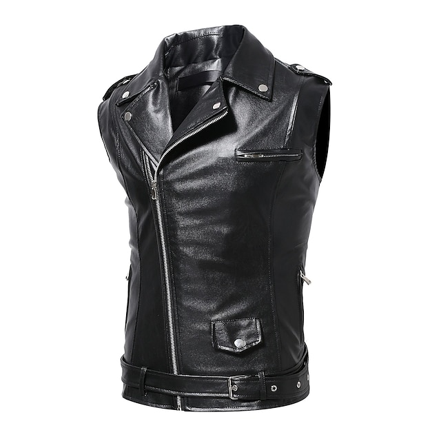  Per uomo Gilet in pelle Sportivo Moto Casual quotidiano Di moda Autunno Bordo in pelliccia sintetica Ecopelle Tenere al caldo Anti-pioggia Leggero Colore puro Cerniera Bavero Morbido Nero Gilet