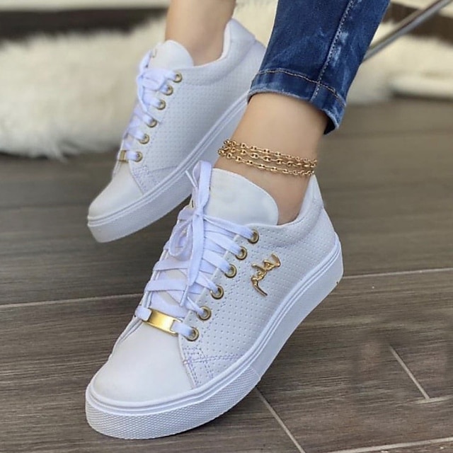  Women's Sneakers Plus Size Canvas Shoes Daily Solid Colored Lace-up Flat Heel Round Toe Casual PU Leather Lace-up Black White Brown