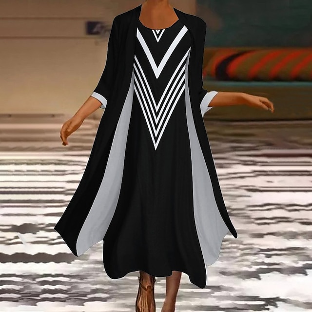  Women's Long Dress Maxi Dress Dress Set Two Piece Dress Church Dress Vacation Casual Winter Dress Holiday Date Loose Fit Color Block Long Sleeve Crew Neck Black and white stripes Fall Winter