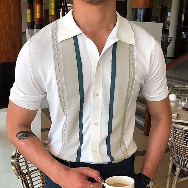  Men's Polo Shirt Knit Polo Sweater Outdoor Street Turndown Button Short Sleeve Fashion Breathable Solid Colored Button Front Summer Spring Fall Regular Fit White Polo Shirt