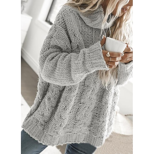  Women's Pullover Sweater Jumper Jumper Cable Chunky Knit Tunic Turtleneck Solid Color Daily Holiday Casual Winter Fall Gray S M L