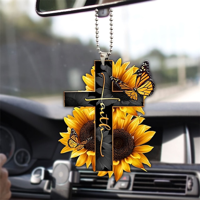  Cross Wing God Faith Rose Rosy Butterfly Christian Memorial Jesus Car Rear View Mirror Accessories Christmas Tree Ornament Decoration Hanging Charm Interior Rearview Pendant Decor Gift