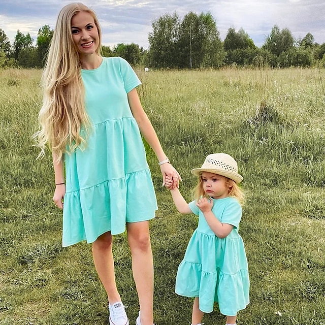  Mommy and Me Dresses Cotton Solid Color Daily Blue Orange Rose Red Short Sleeve Above Knee Mommy And Me Outfits Daily Matching Outfits