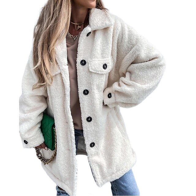  Women's Teddy Coat Outdoor Holiday Daily Wear Going out Warm Breathable Single Breasted Pocket Active Fashion Comfortable Street Style Turndown Regular Fit Solid Color Outerwear Winter Fall Long