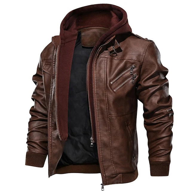 Men's Faux Leather Jacket Biker Jacket Hoodie Jacket Outdoor Daily Thermal Warm Windproof Pocket Fall Solid Color Sporty Casual Stand Collar Regular Black Brown Gray Jacket 11