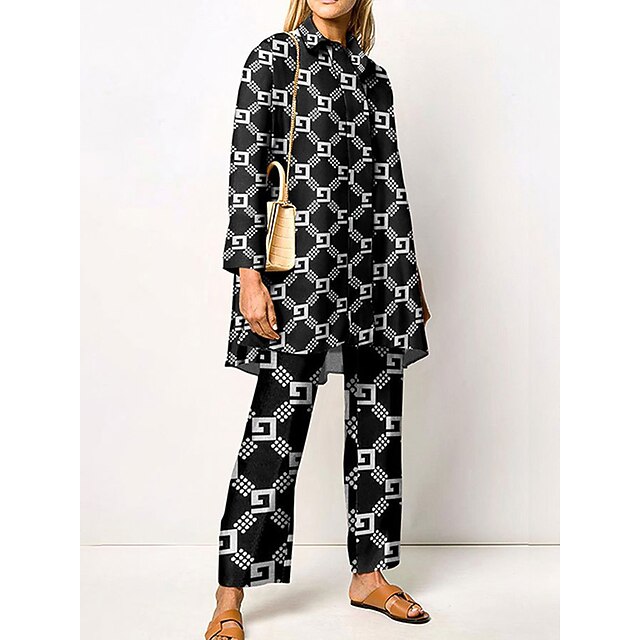 Vintage Print Shirt Pants Sets 2026.Women's Shirt Blouse Pants Sets Graphic Dark Navy Green Clover Print ...