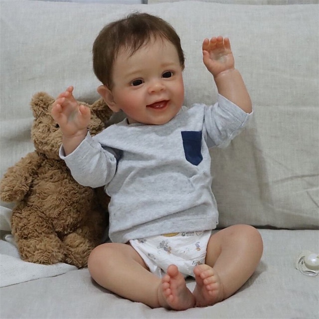  24 hüvelykes, 60 cm-es, kézzel gyökerezett hajú, újjászületett kész baba a képen látható módon festett baba yannik fiúban élethű, kézzel festett művész babával