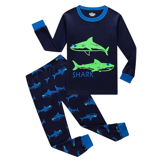  Niños Chico Conjuntos de pijamas Manga Larga Azul Marino Tiburón Letra Otoño Invierno Básico Hogar 7-13 años