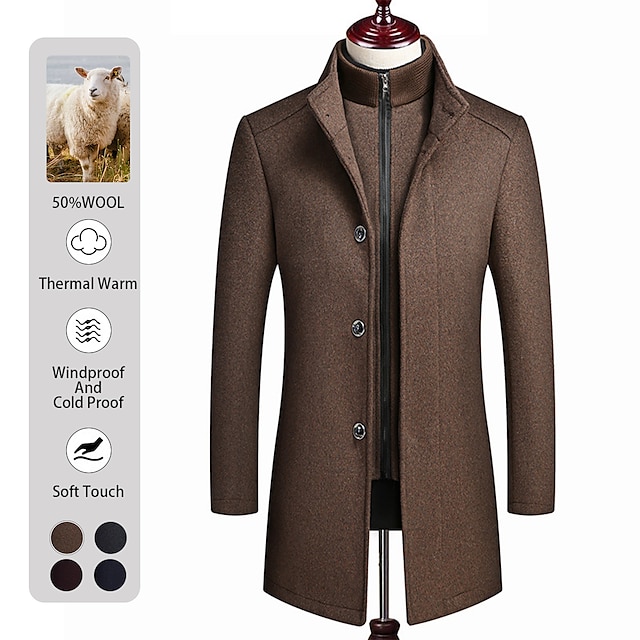  Men's Winter Coat Wool Coat Overcoat Street Business Winter Woolen Thermal Warm Outerwear Clothing Apparel Casual Solid Color Pocket Stand Collar Single Breasted
